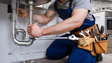 Plumber repairing sink pipes in Peachtree Corners, Georgia home
